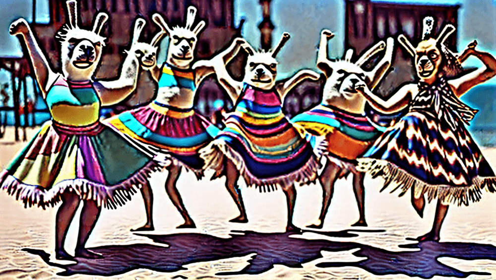 Lamas tanzen in bunten Kleidern