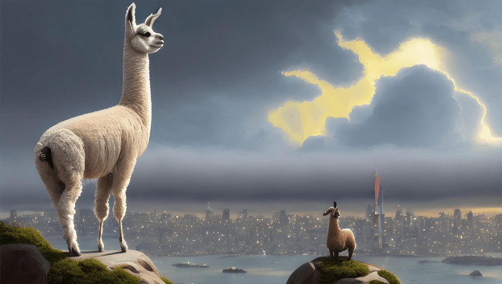 Lamas auf einem Hügel schauen auf eine Stadt